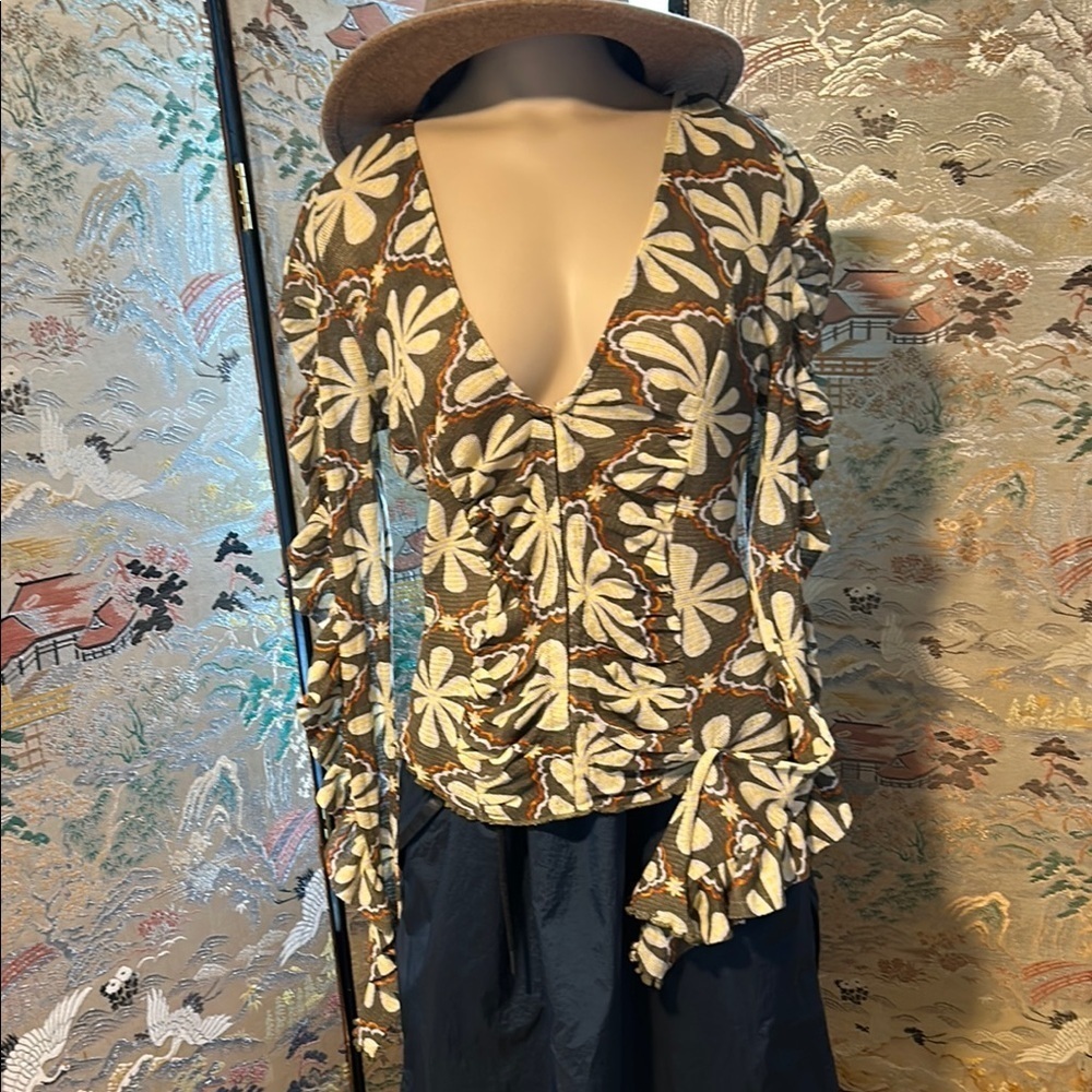 FREE PEOPLE THROUGH THE MEADOW RUCHED MESH WOMENS LONG SLEEVE TOP SZ M